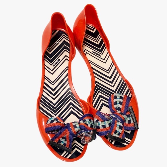 Missoni Orange Red Bow Jelly Flat Peep Toe Sandal Women Size 40 Flawed - Picture 1 of 11
